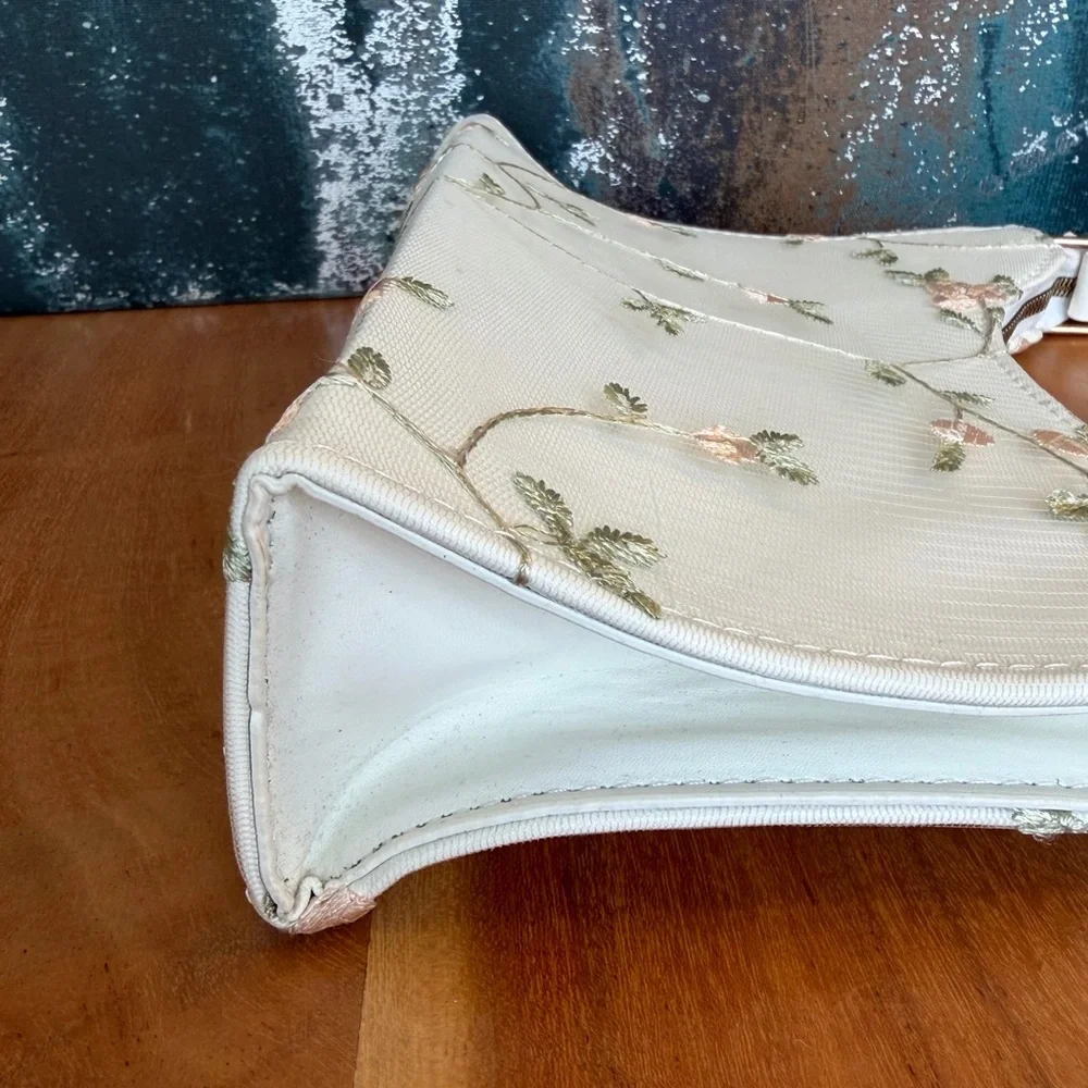 Floral Embroidered Faux Leather Baguette Bag